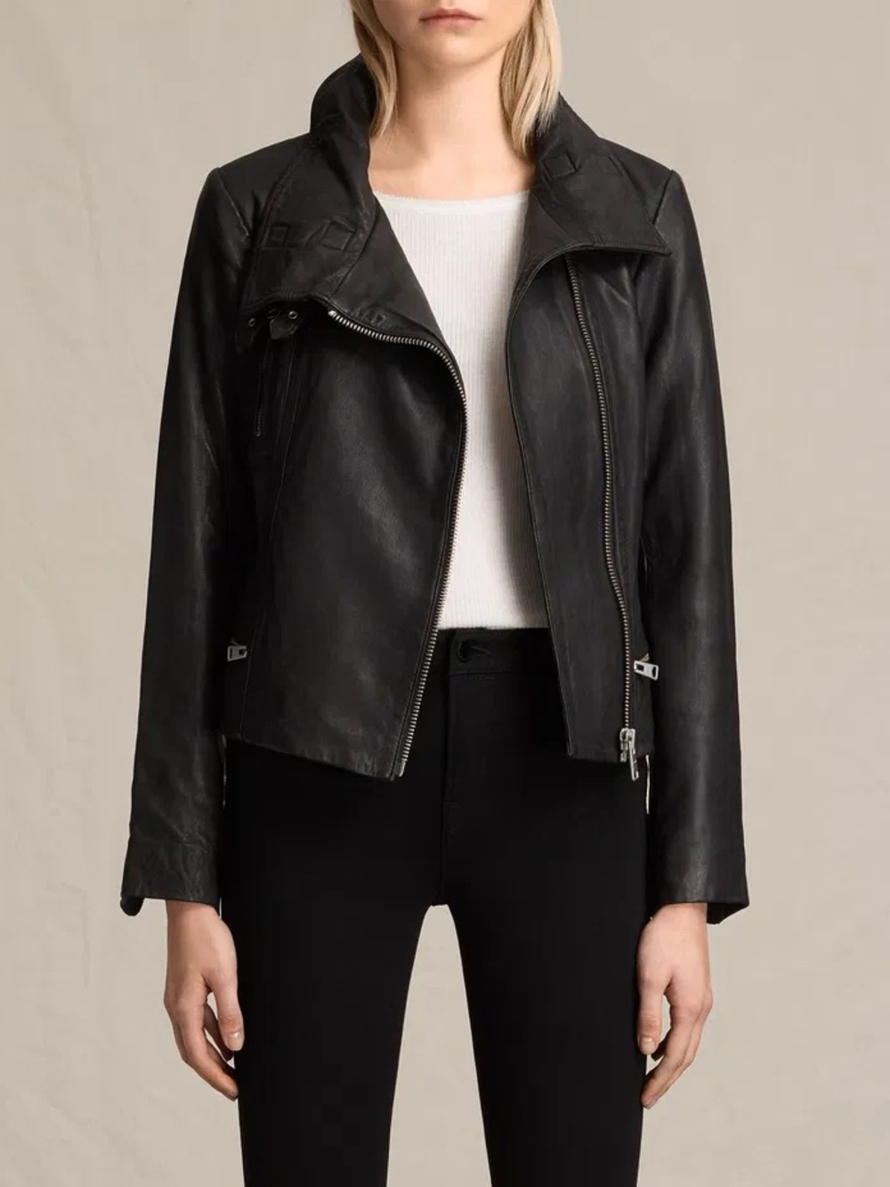 AllSaints Y2K Women's Bales Biker Lamb Leather Funnel Neck Moto Jacket Black US4